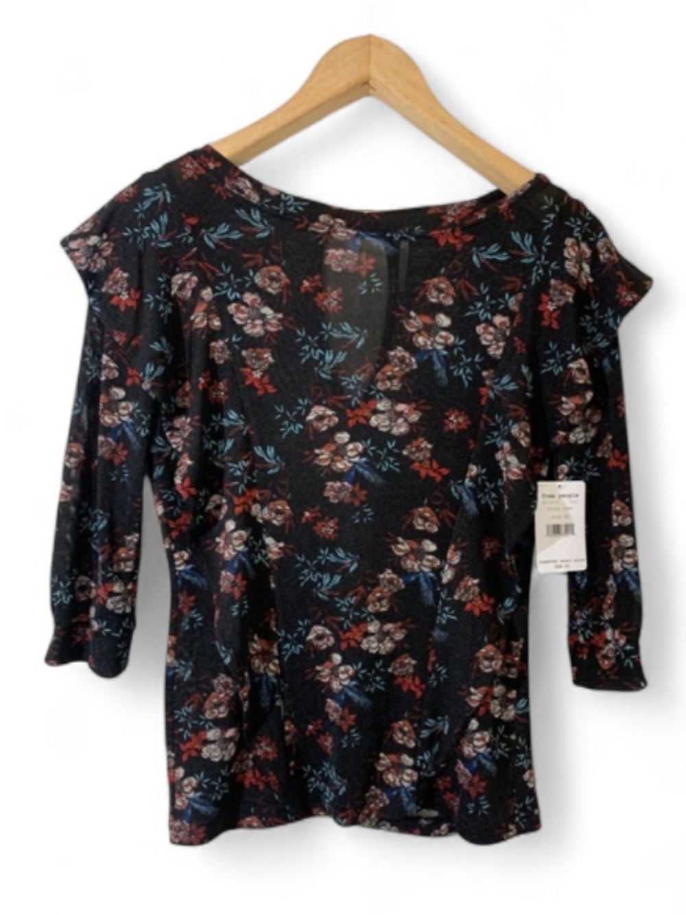 Free People Dock Street Floral Top Black Keyhole Back Ruffle NWT XS - Picture 5 of 9
